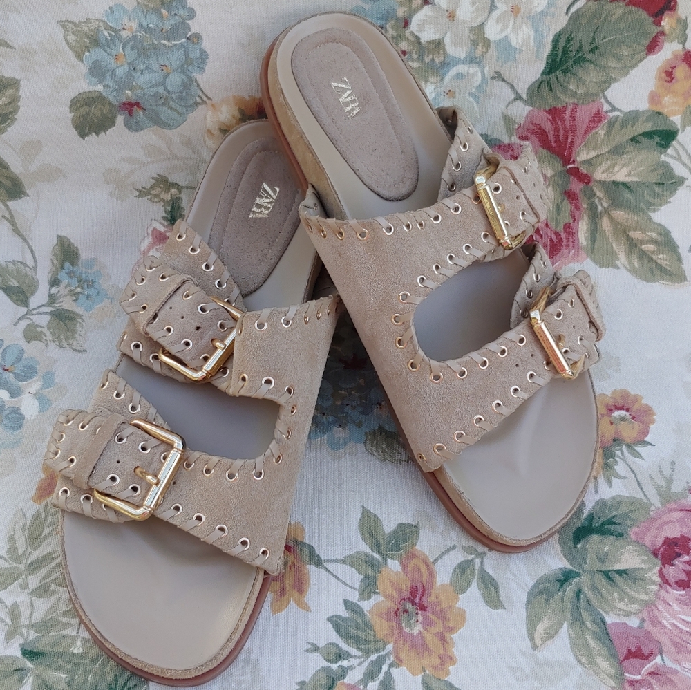 Zara Tan Suede Double Strap Slide Sandals with Gromets Women's size US 11 Euro 4